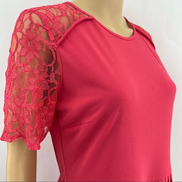 ASOS US 10 Pink Floral Lace Short Sleeve Zip Up Pleated Mini Fit & Flare Dress - Picture 2 of 7